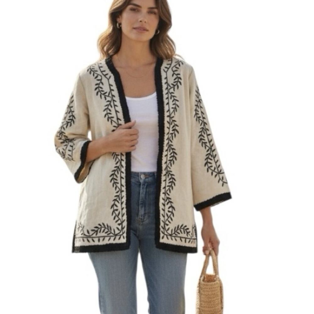 LINEA Louis Dell'Olio Kimono Ivory W/Black Embroidered Flowers Boho S Cottagecor